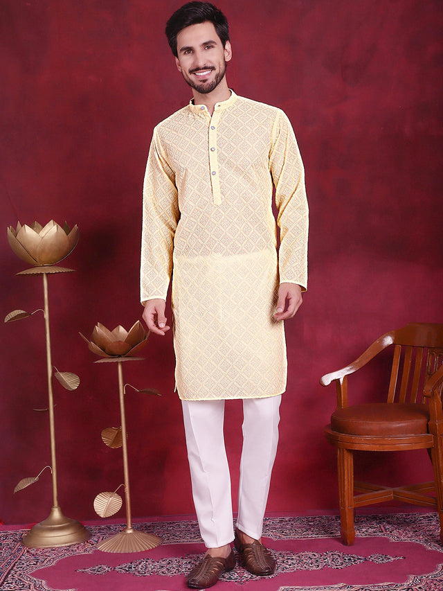 Men's Yellow Chikankari Embroidered Kurta