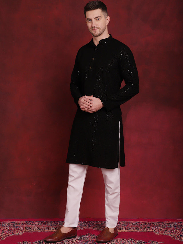 Men's Black Sequins Chikankari Kurta