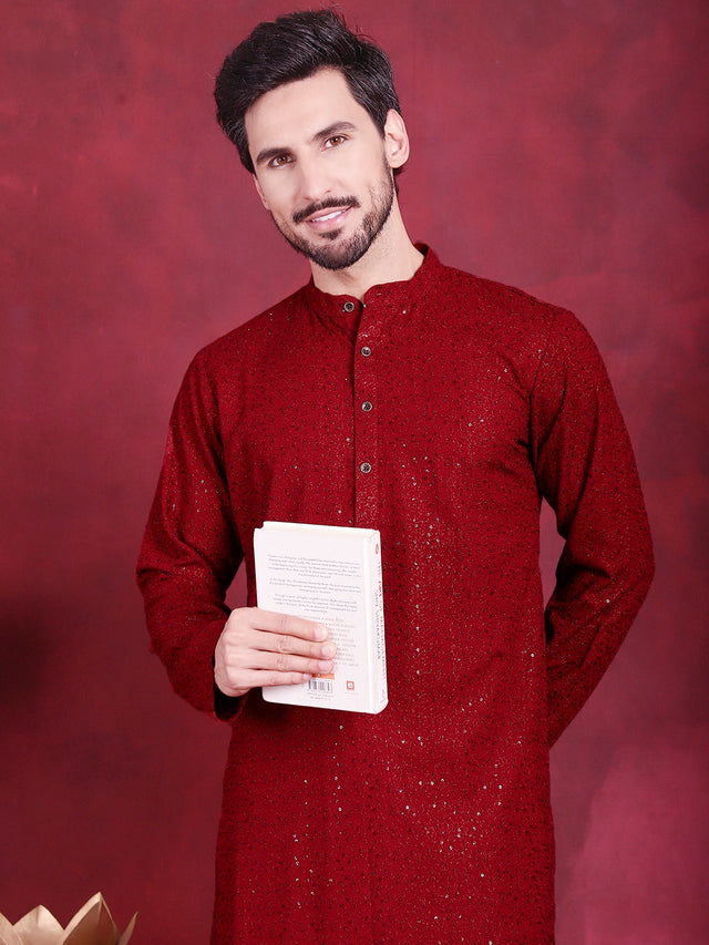 Men's Maroon Sequins Chikankari Kurta (KO_5018Maroon)