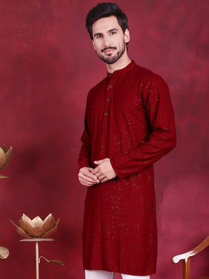 Men's Maroon Sequins Chikankari Kurta (KO_5018Maroon)