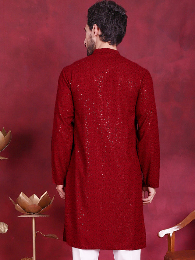 Men's Maroon Sequins Chikankari Kurta (KO_5018Maroon)