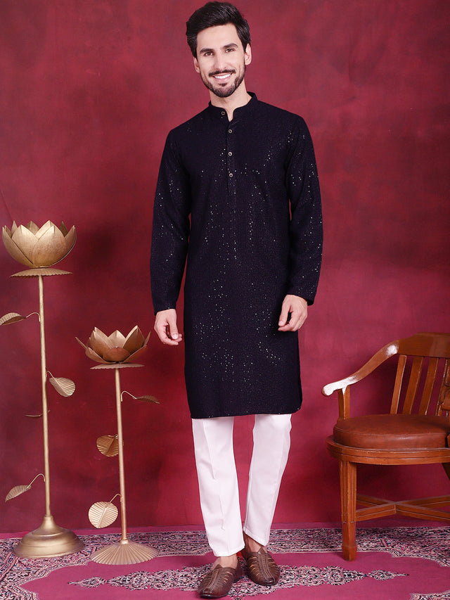 Men's Navy Sequins Chikankari Kurta