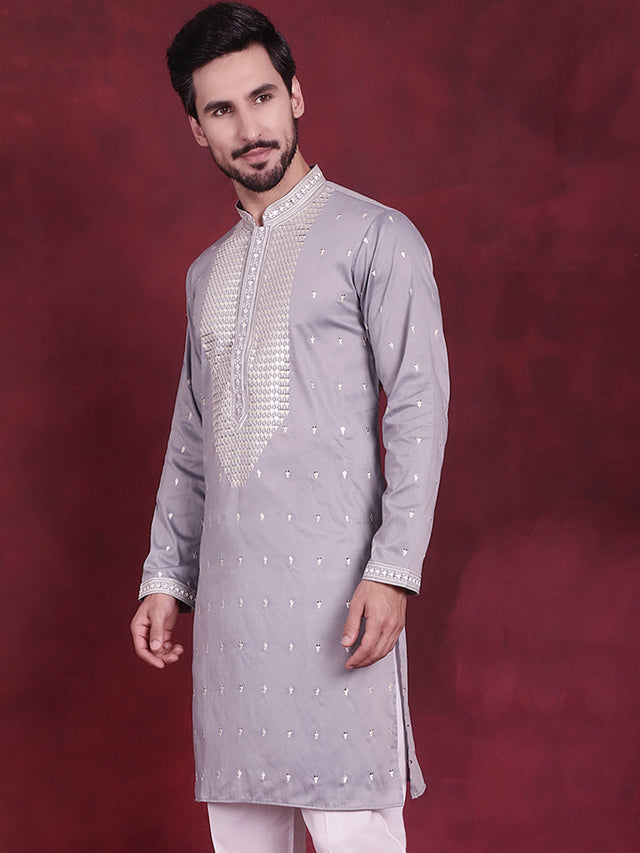 Men's Grey Sequins Embroidered Kurta