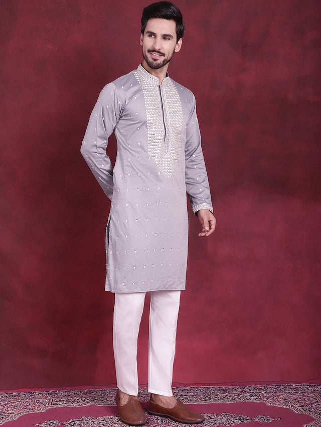 Men's Grey Sequins Embroidered Kurta
