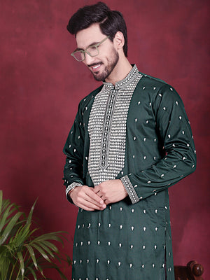 Men's Olive Sequins Embroidered Kurta