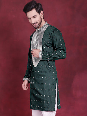 Men's Olive Sequins Embroidered Kurta