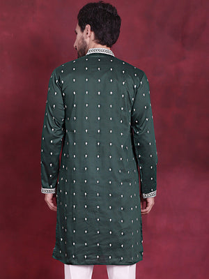 Men's Olive Sequins Embroidered Kurta