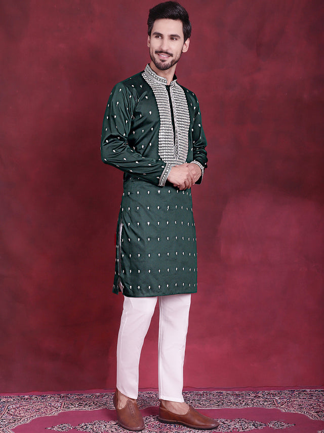 Men's Olive Sequins Embroidered Kurta