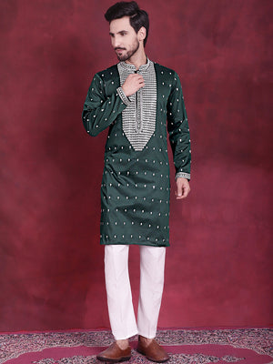Men's Olive Sequins Embroidered Kurta