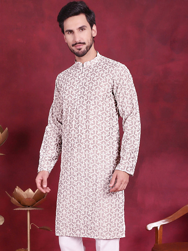 Men's Grey Chikankari Embroidered Kurta