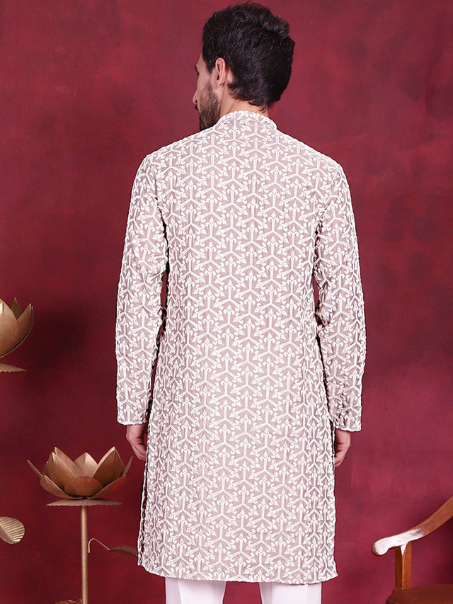 Men's Grey Chikankari Embroidered Kurta