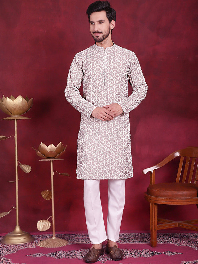 Men's Grey Chikankari Embroidered Kurta
