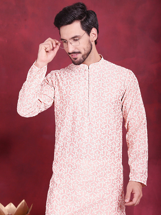 Men's Pink Chikankari Embroidered Kurta