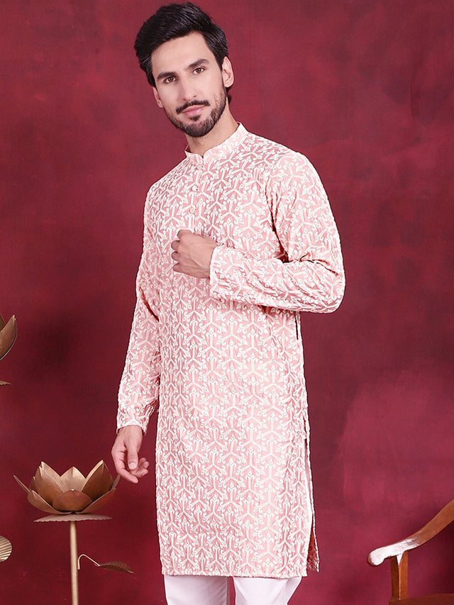 Men's Pink Chikankari Embroidered Kurta