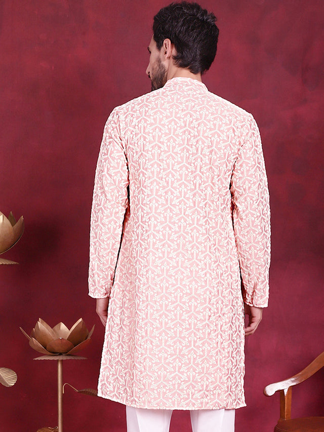 Men's Pink Chikankari Embroidered Kurta