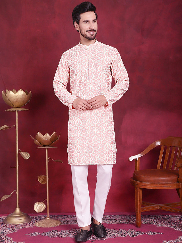 Men's Pink Chikankari Embroidered Kurta