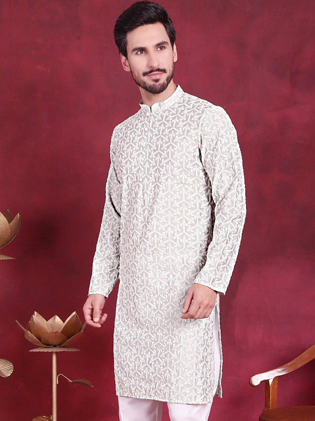 Men's Pista Chikankari Embroidered Kurta