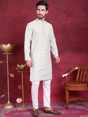 Men's Pista Chikankari Embroidered Kurta