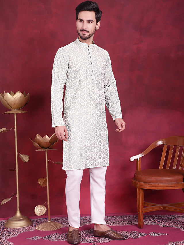 Men's Pista Chikankari Embroidered Kurta