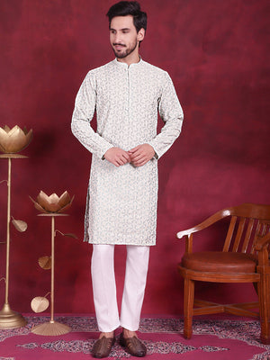 Men's Pista Chikankari Embroidered Kurta