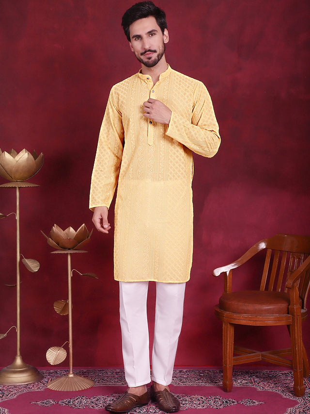 Men's Beige Chikankari Embroidered Kurta