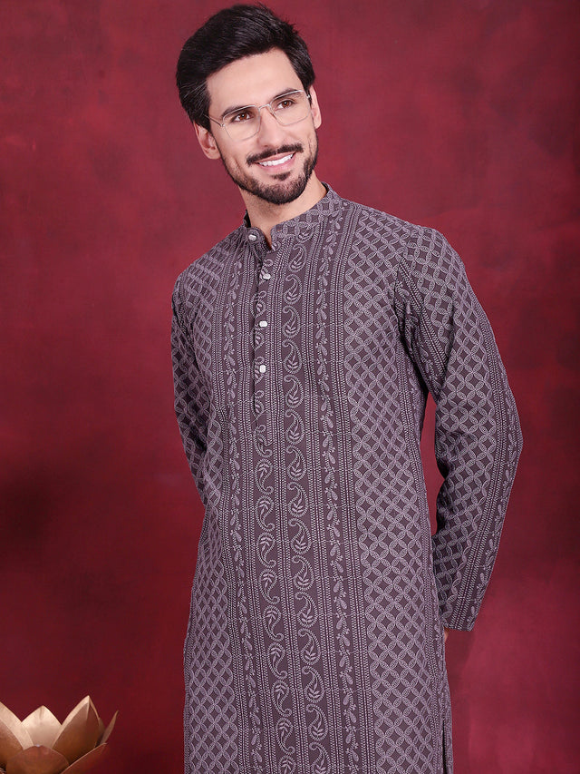 Men's Grey Chikankari Embroidered Kurta