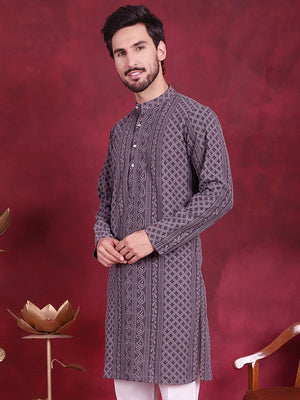 Men's Grey Chikankari Embroidered Kurta