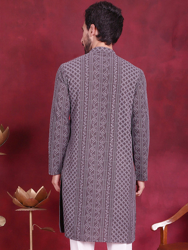 Men's Grey Chikankari Embroidered Kurta