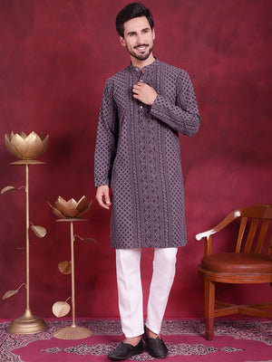 Men's Grey Chikankari Embroidered Kurta