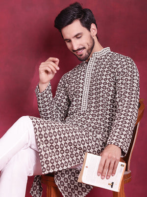 Men's Brown Sequins Embroidered Kurta