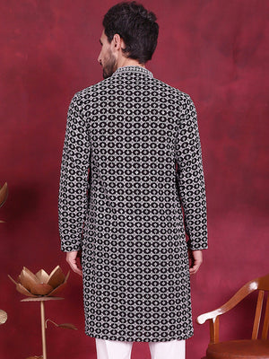 Men's Grey Sequins Embroidered Kurta
