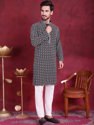 Men's Grey Sequins Embroidered Kurta