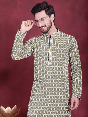 Men's Olive Sequins Embroidered Kurta