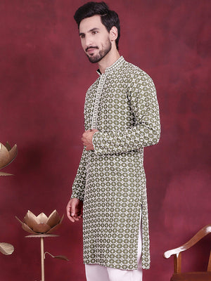 Men's Olive Sequins Embroidered Kurta