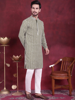 Men's Olive Sequins Embroidered Kurta