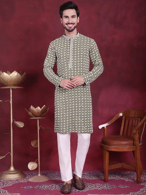 Men's Olive Sequins Embroidered Kurta