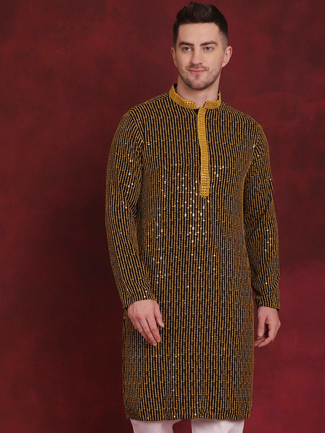 Men's Yellow Sequins Chikankari Embroidered Kurta