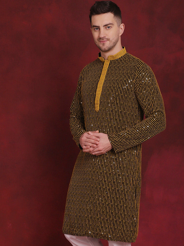 Men's Yellow Sequins Chikankari Embroidered Kurta