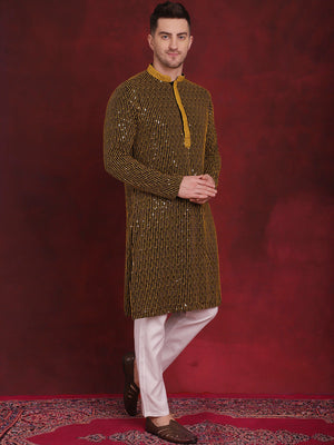 Men's Yellow Sequins Chikankari Embroidered Kurta