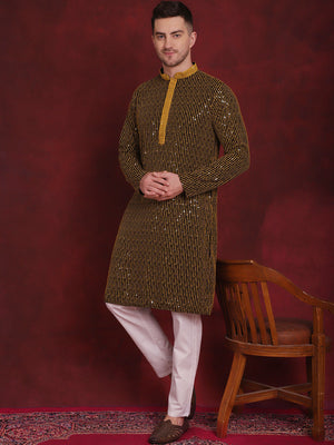 Men's Yellow Sequins Chikankari Embroidered Kurta