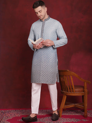Men's Blue Sequins Embroidered Kurta