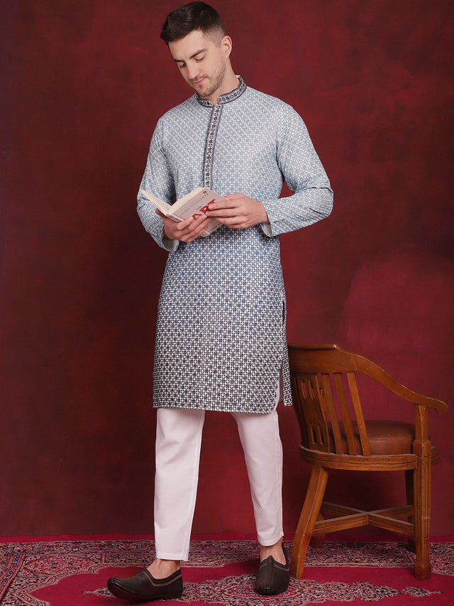 Men's Blue Sequins Embroidered Kurta