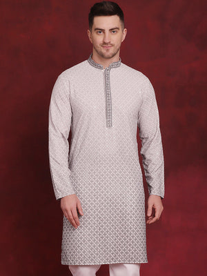 Men's Grey Sequins Embroidered Kurta