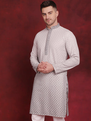 Men's Grey Sequins Embroidered Kurta