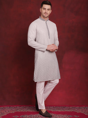 Men's Grey Sequins Embroidered Kurta