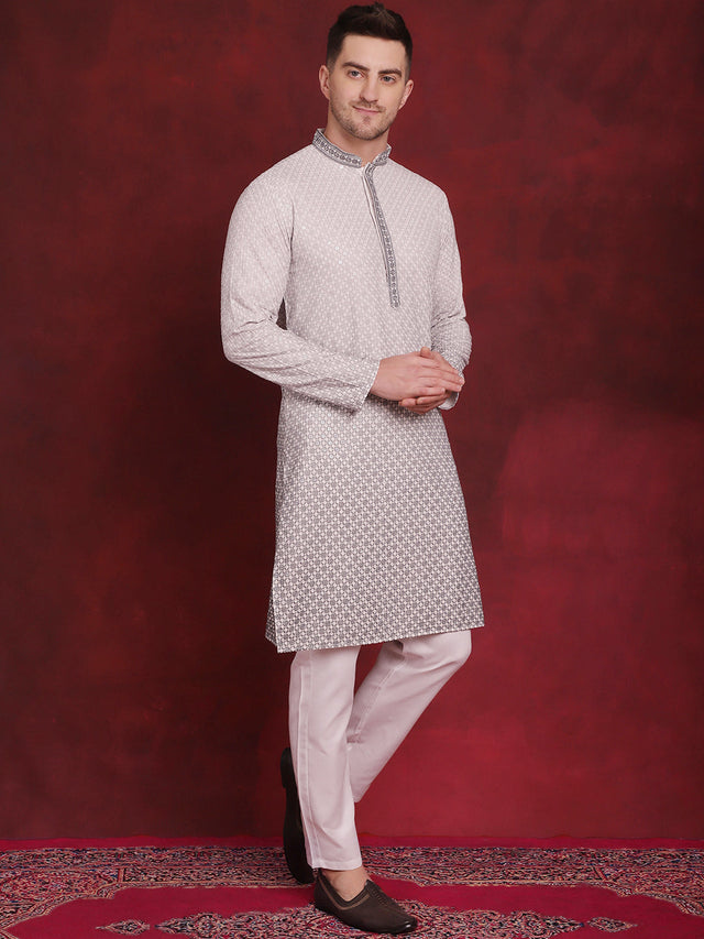 Men's Grey Sequins Embroidered Kurta