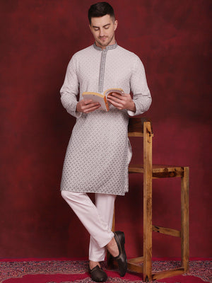 Men's Grey Sequins Embroidered Kurta