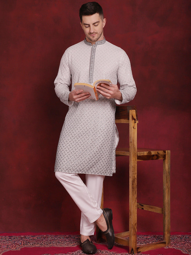 Men's Grey Sequins Embroidered Kurta