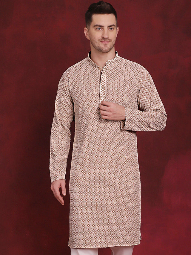 Men's Beige Sequin Embroidered Cotton Kurta (KO_5028Beige)