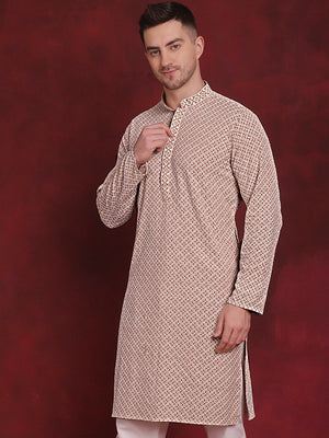 Men's Beige Sequin Embroidered Cotton Kurta (KO_5028Beige)
